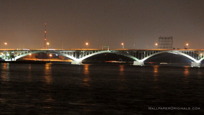 Illuminated Bridge at Night — Black, Calm, Photograph