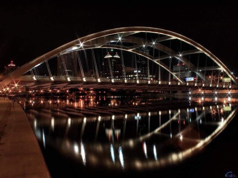 Illuminated Bridge at Night — Black, Dramatic, Photograph