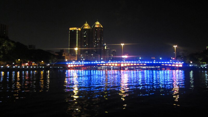Illuminated Bridge at Night — Blue, Calm, Photograph, River
