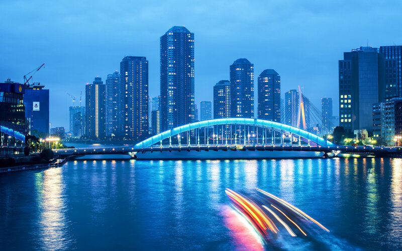 Illuminated Bridge at Night — Blue, Calm, Photograph