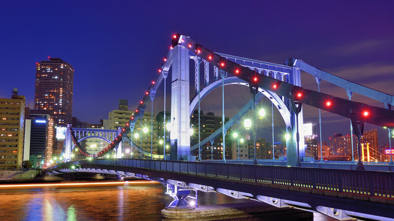 Illuminated Bridge at Night — Blue, Dramatic, Photograph, City Skyline, River