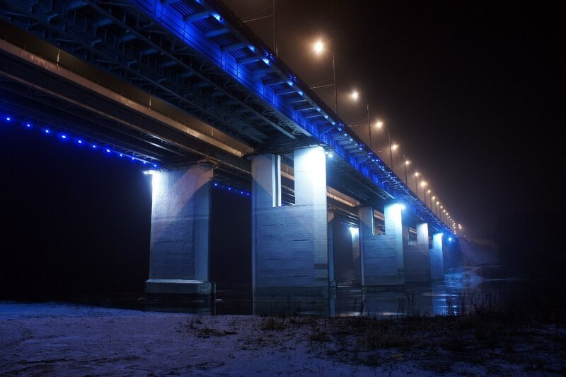 Illuminated Bridge at Night — Blue, Dramatic, Photograph, Lights