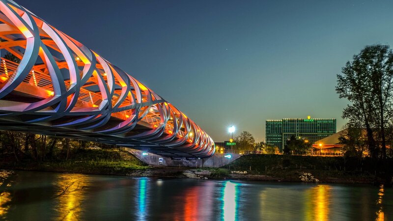 Illuminated Bridge at Night — Blue, Dramatic, Photograph, River, Building
