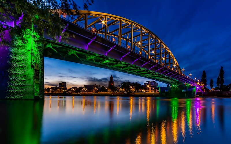 Illuminated Bridge at Night — Blue, Dramatic, Photograph, River, Cityscape