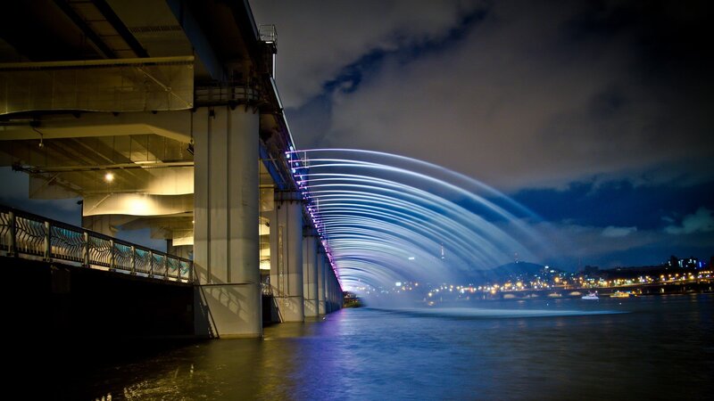 Illuminated Bridge at Night — Blue, Dramatic, Photograph, River
