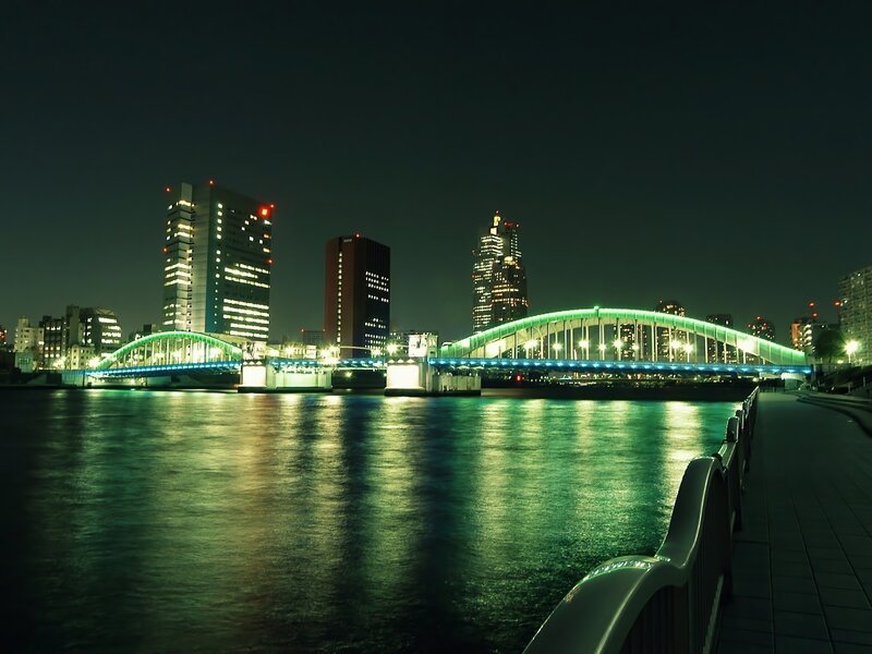 Illuminated Bridge at Night — Green, Calm, Photograph, River