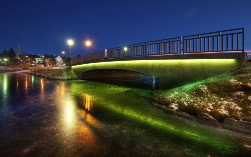 Illuminated Bridge at Night — Green, Calm, Photograph