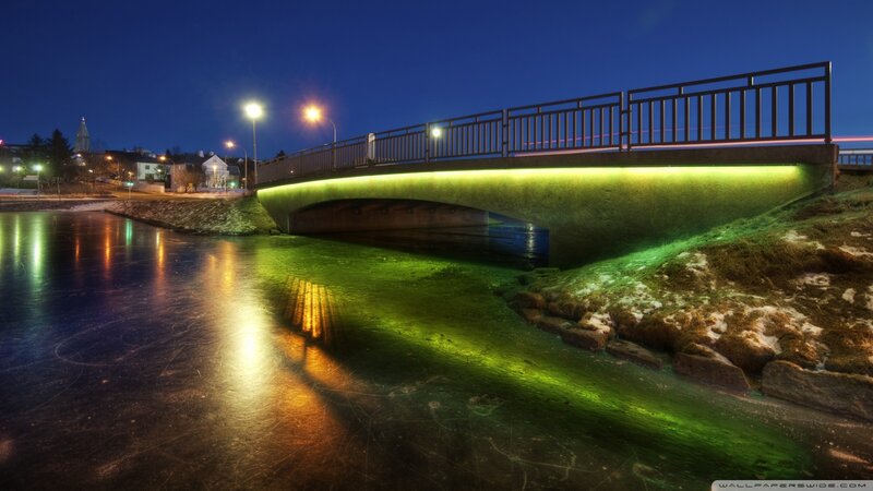 Illuminated Bridge at Night — Green, Calm
