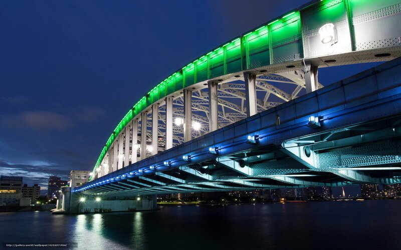 Illuminated Bridge at Night — Green, Dramatic, Photograph