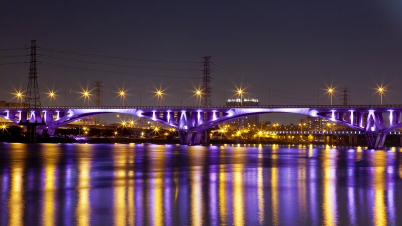 Illuminated Bridge at Night — Purple, Calm