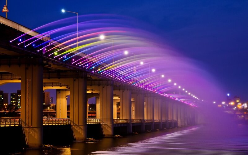 Illuminated Bridge at Night — Purple, Dramatic, Photograph, Fountain