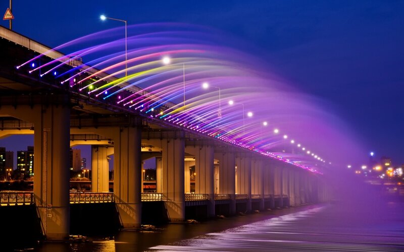 Illuminated Bridge at Night — Purple, Dramatic, Photograph, Lights