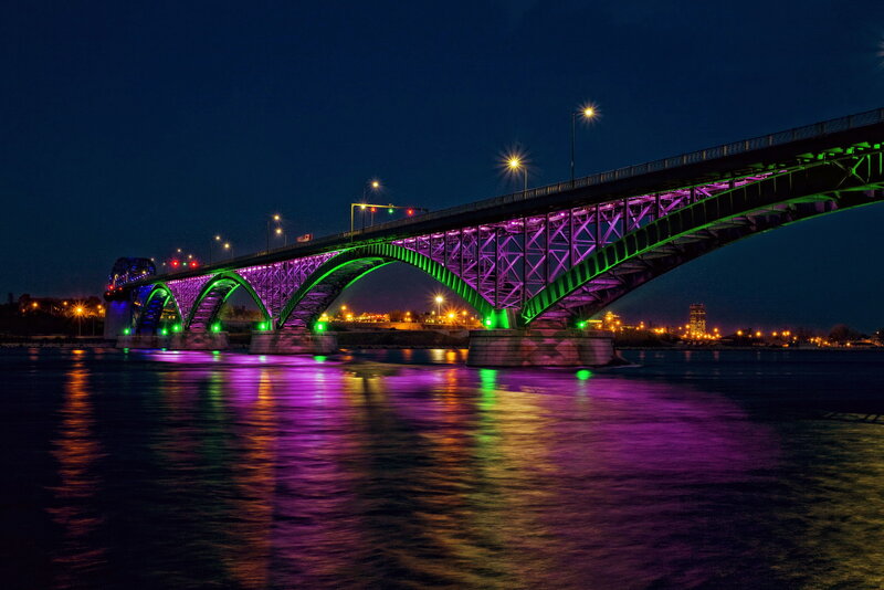 Illuminated Bridge at Night — Purple, Dramatic, Photograph, River, City Lights