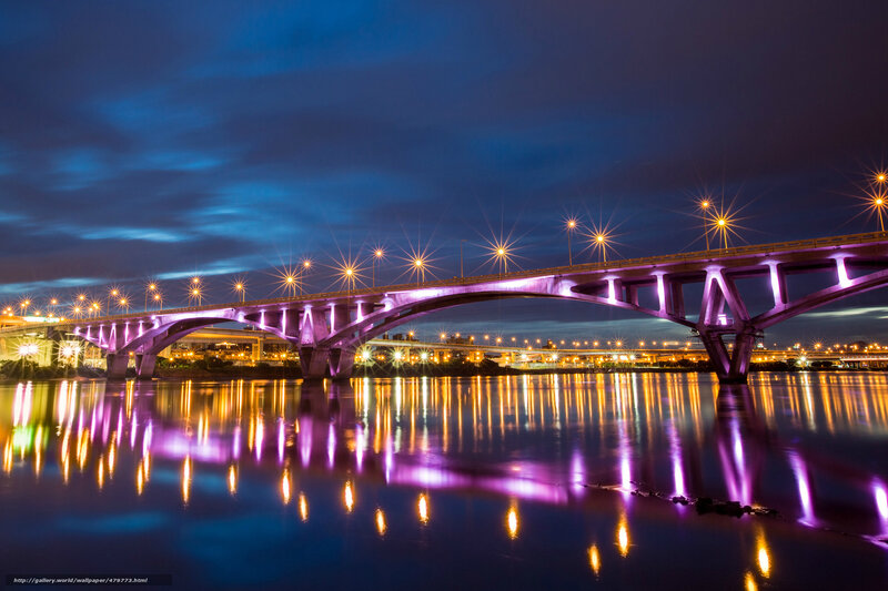 Illuminated Bridge at Night — Purple, Dramatic, Photograph, River, Lights