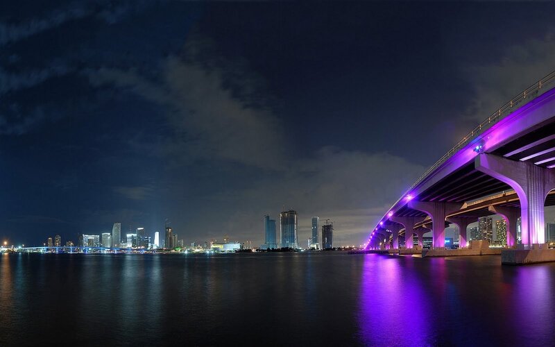 Illuminated Bridge at Night — Purple, Dramatic, Photograph