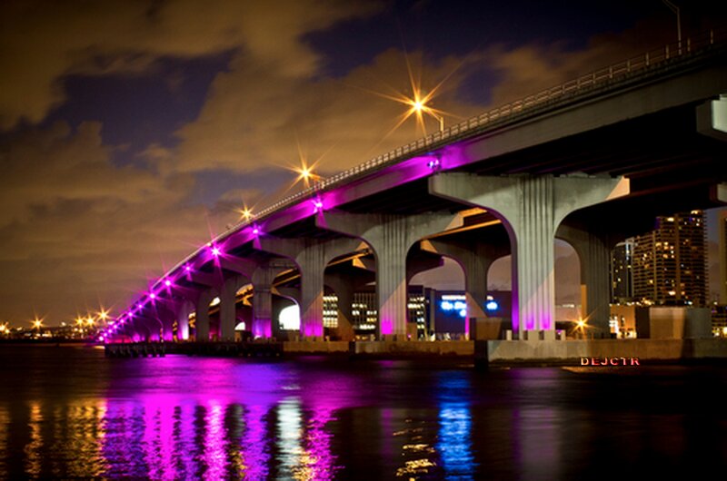 Illuminated Bridge at Night — Purple, Dramatic, Photograph, Water