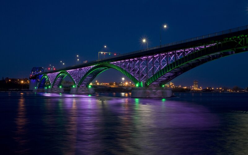 Illuminated Bridge at Night — Purple, Serene, Photograph, River, City Lights, Sky