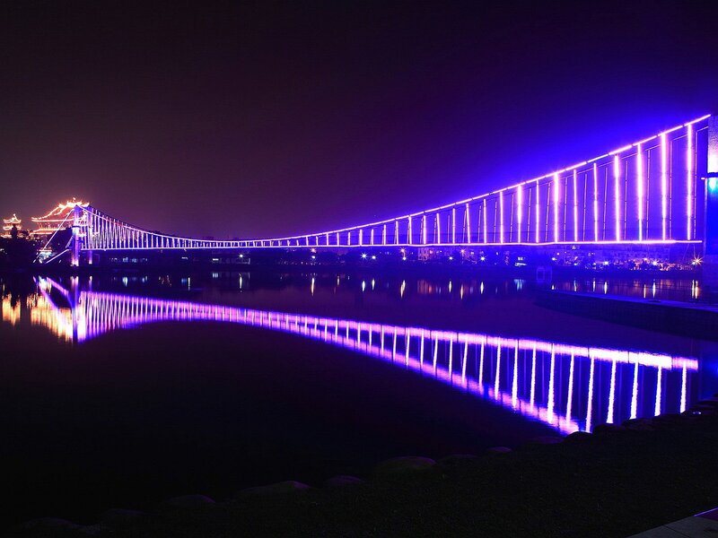 Illuminated Bridge at Night — Purple, Serene, Photograph
