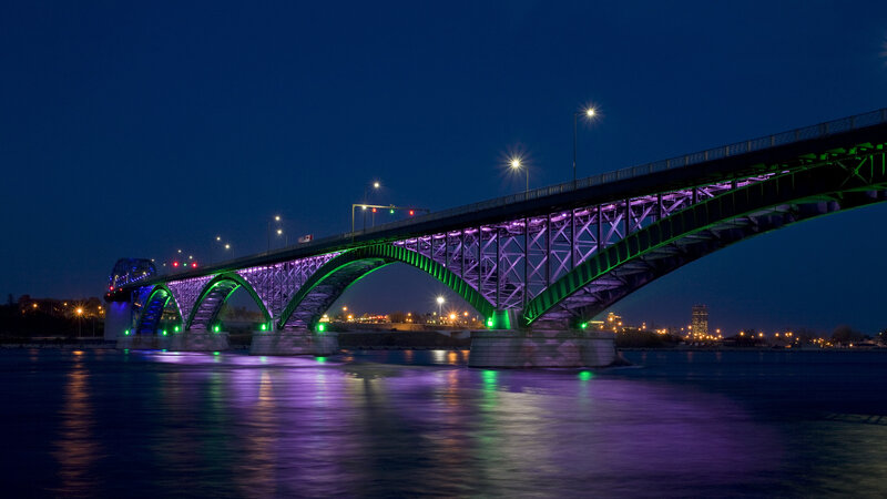Illuminated Bridge at Night — Purple, Serene