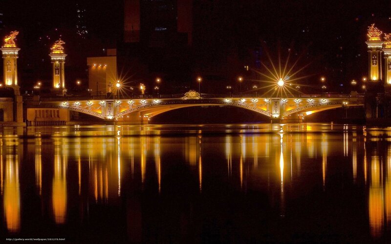 Illuminated Bridge at Night — Yellow, Dramatic, Photograph, River