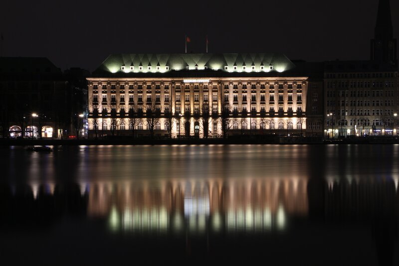 Illuminated Building at Night — Black, Serene