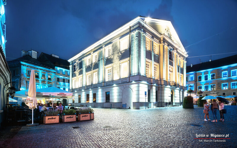 Illuminated Building at Night — Blue, Calm