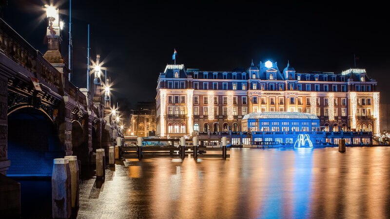 Illuminated Building at Night — Blue, Dramatic, Photograph