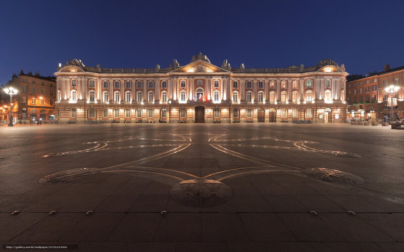 Illuminated Building at Night — Blue, Serene, Photograph, Square