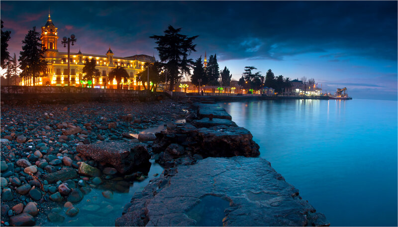 Illuminated Building at Night — Blue, Serene
