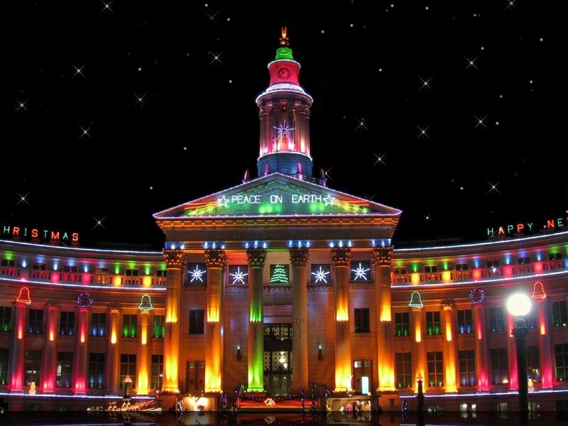 Illuminated Building at Night — Red, Festive