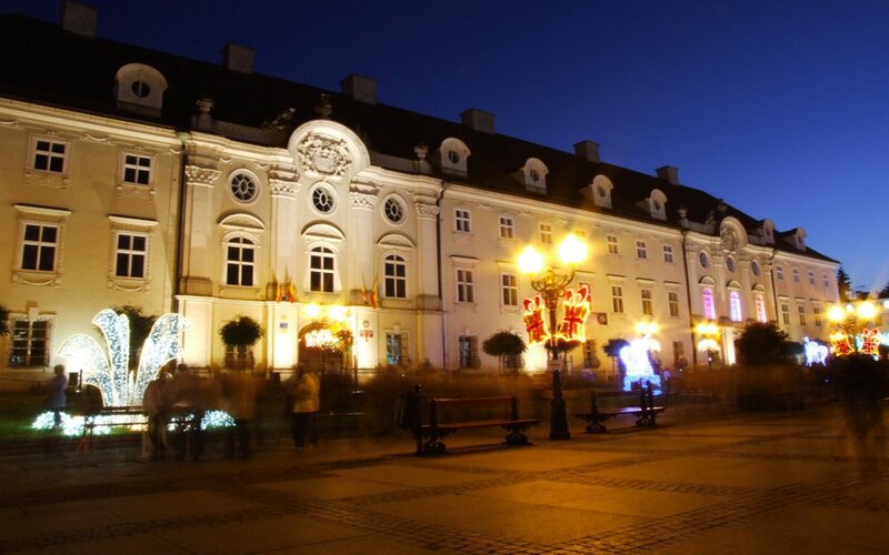 Illuminated Building at Night — White, Festive