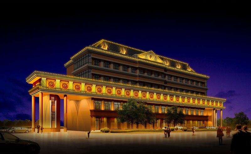 Illuminated Building at Night — Yellow, Dramatic, 3d Render, People, Cars