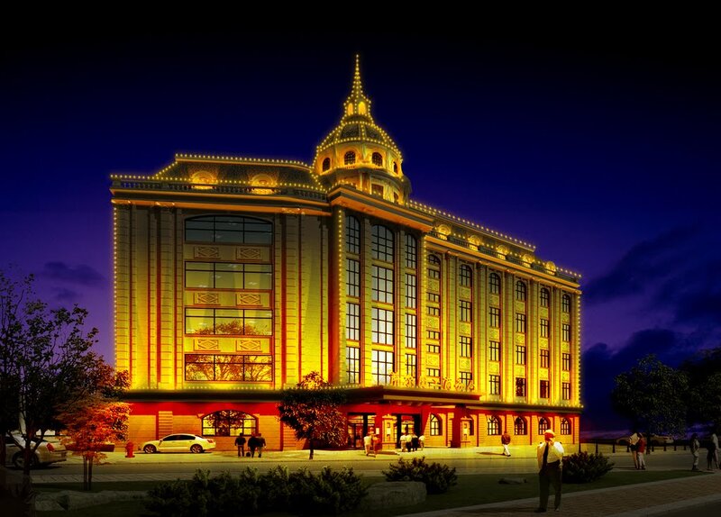 Illuminated Building at Night — Yellow, Dramatic, 3d Render, People