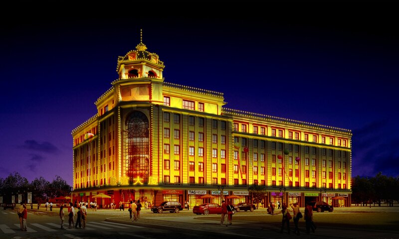 Illuminated Building at Night — Yellow, Dramatic, 3d Render