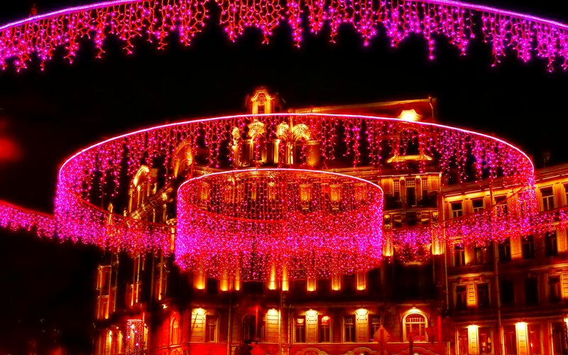 Illuminated Building Facade — Red