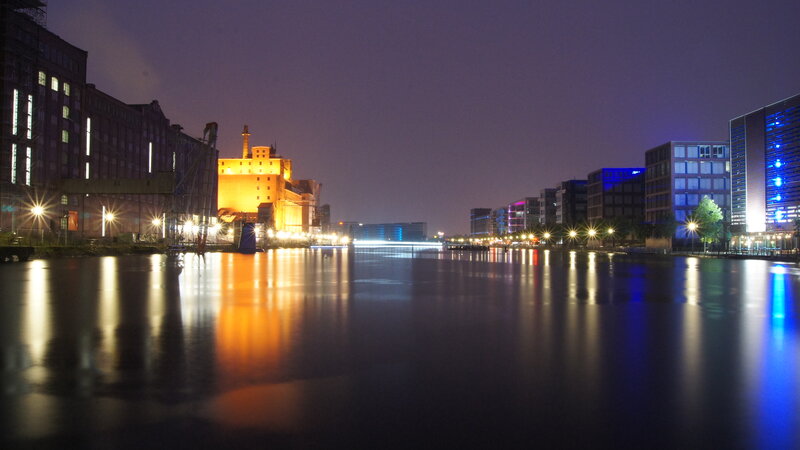 Illuminated Buildings at Night — Blue, Calm