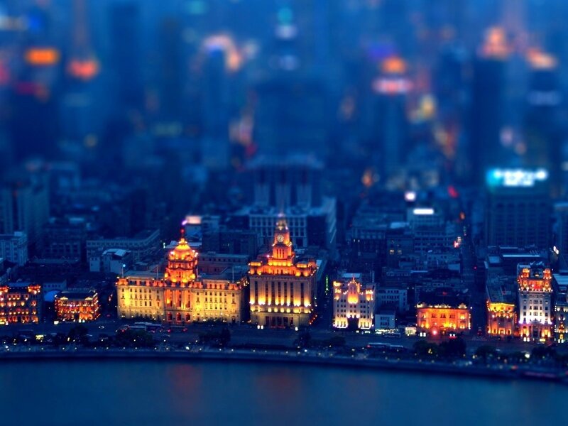 Illuminated Buildings at Night — Blue, Dramatic