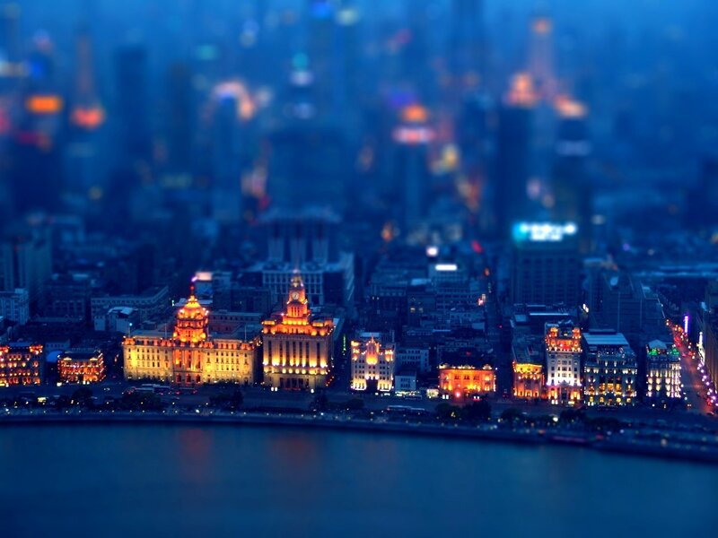 Illuminated Buildings at Night — Blue