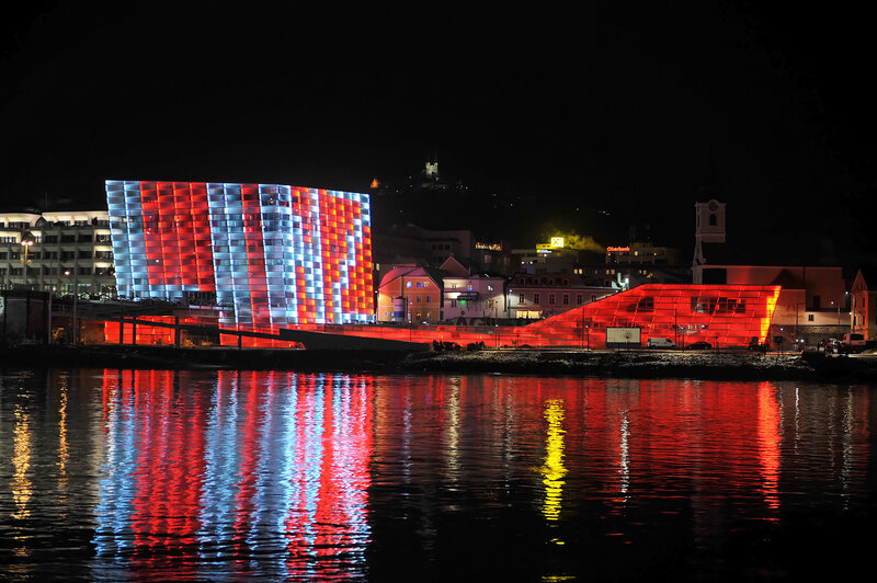 Illuminated buildings at night