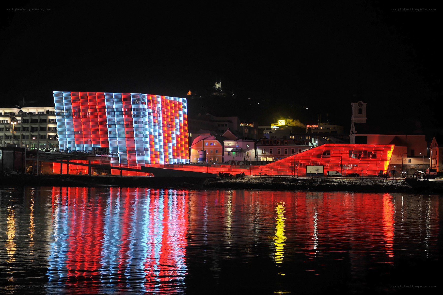 Illuminated buildings at night