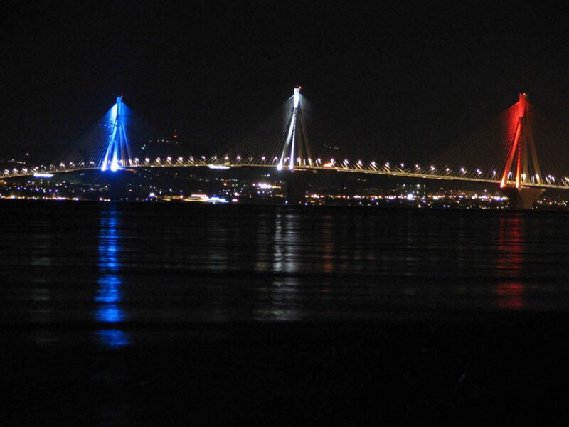 illuminated cable-stayed bridge at night