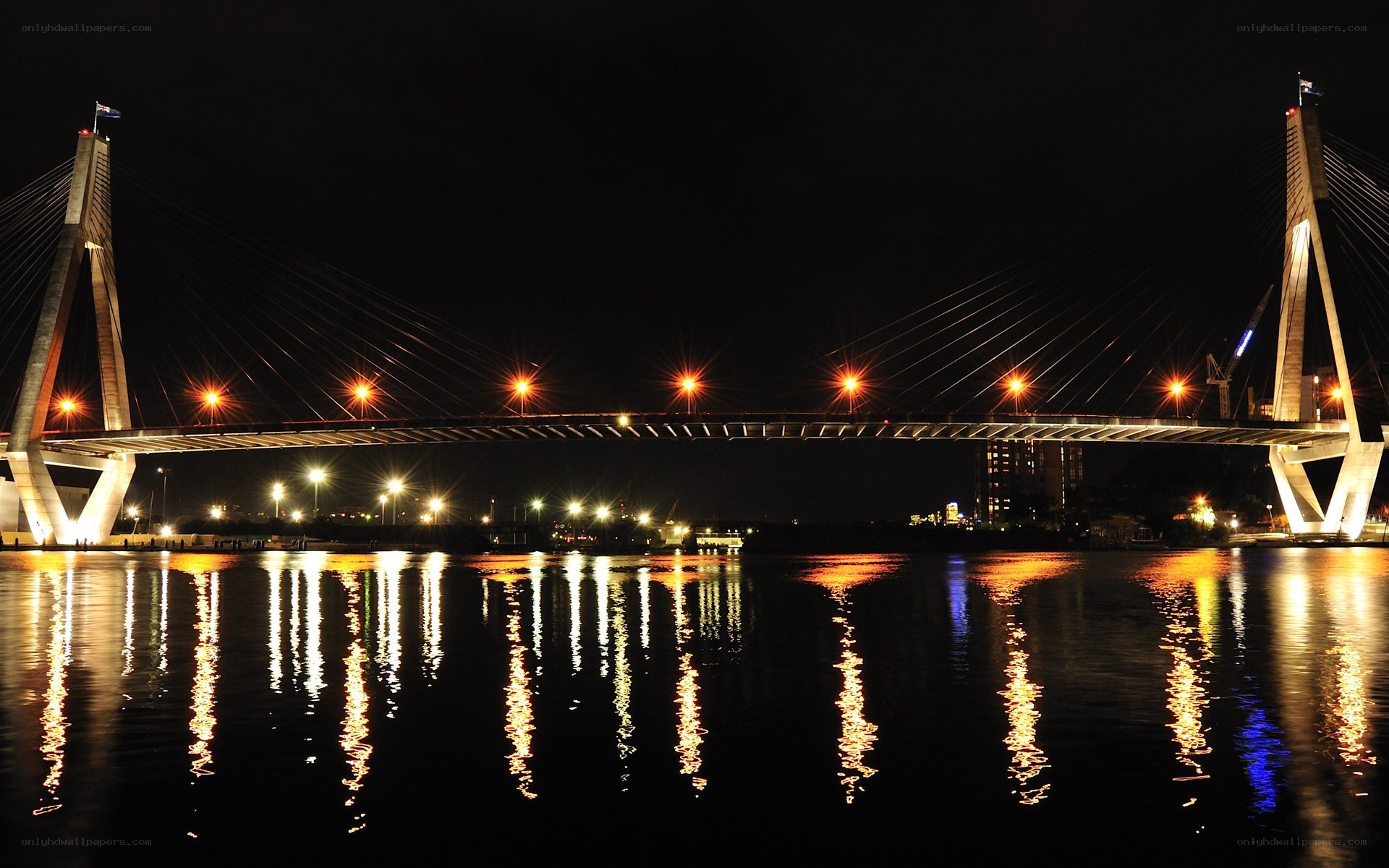 illuminated cable-stayed bridge at night