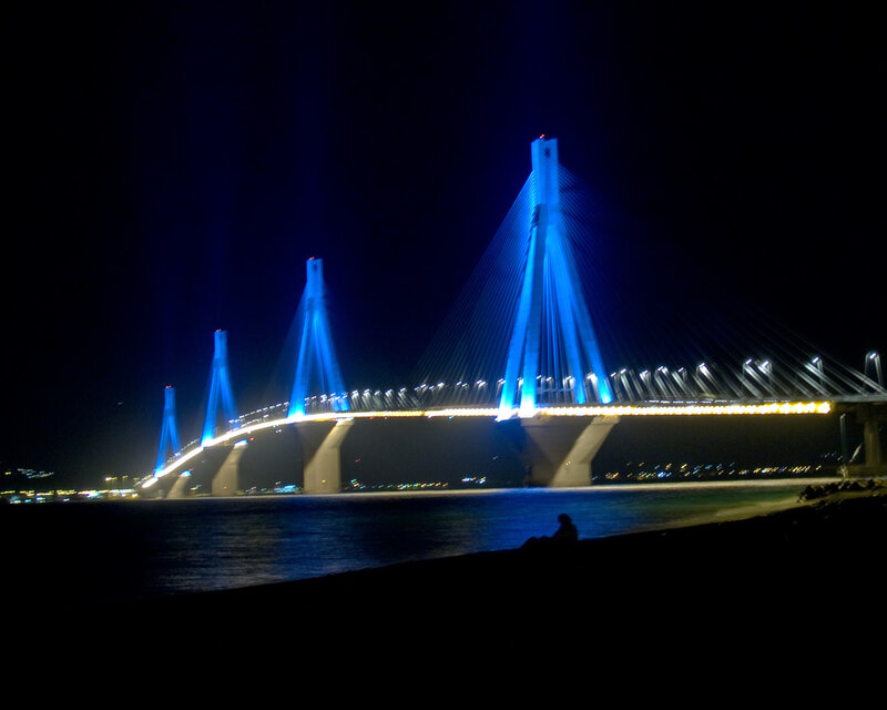 illuminated cable-stayed bridge at night