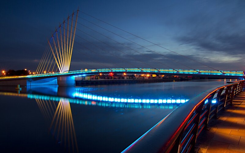 illuminated cable-stayed bridge at night