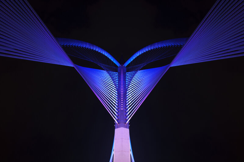 Illuminated Cable-stayed Bridge — Blue, Dramatic, Night, Photograph, Cables