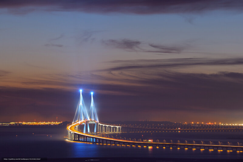 Illuminated Cable-stayed Bridge — Blue, Dramatic, Night, Photograph