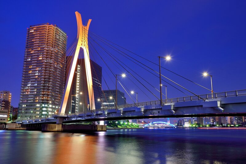 Illuminated Cable-stayed Bridge — Blue, Serene, Night, Photograph, River, Skyscraper
