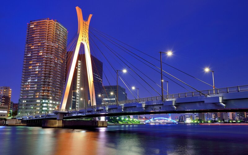 Illuminated Cable-stayed Bridge — Blue, Serene, Night, Photograph, River