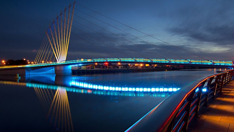 Illuminated Cable-stayed Bridge — Blue, Serene, Night, Photograph
