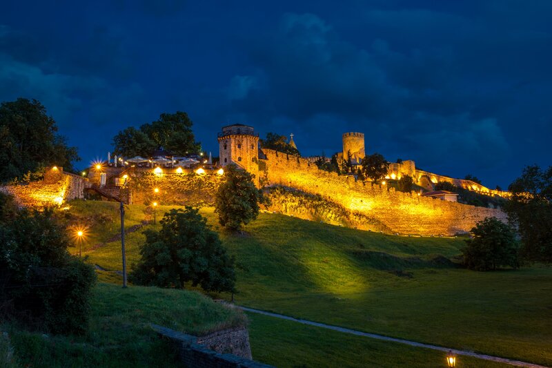 Illuminated Castle at Night — Blue, Dramatic